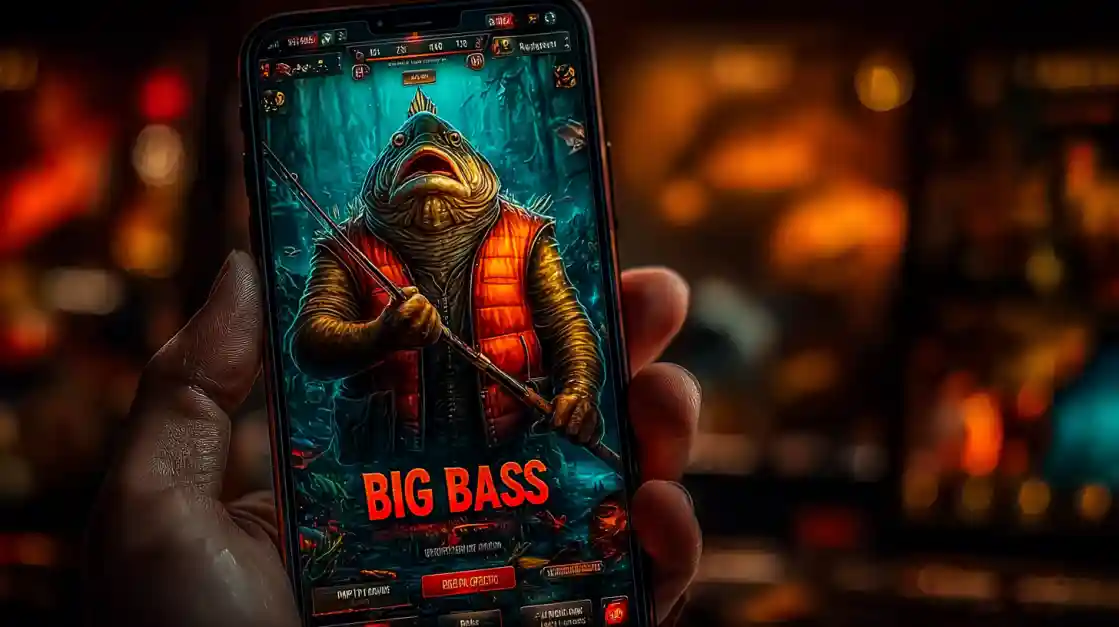 A close-up of a hand holding a smartphone showcasing a BIG BASS fishing game, featuring an anthropomorphic fish character, highlighting the engaging casual games on ck77.
