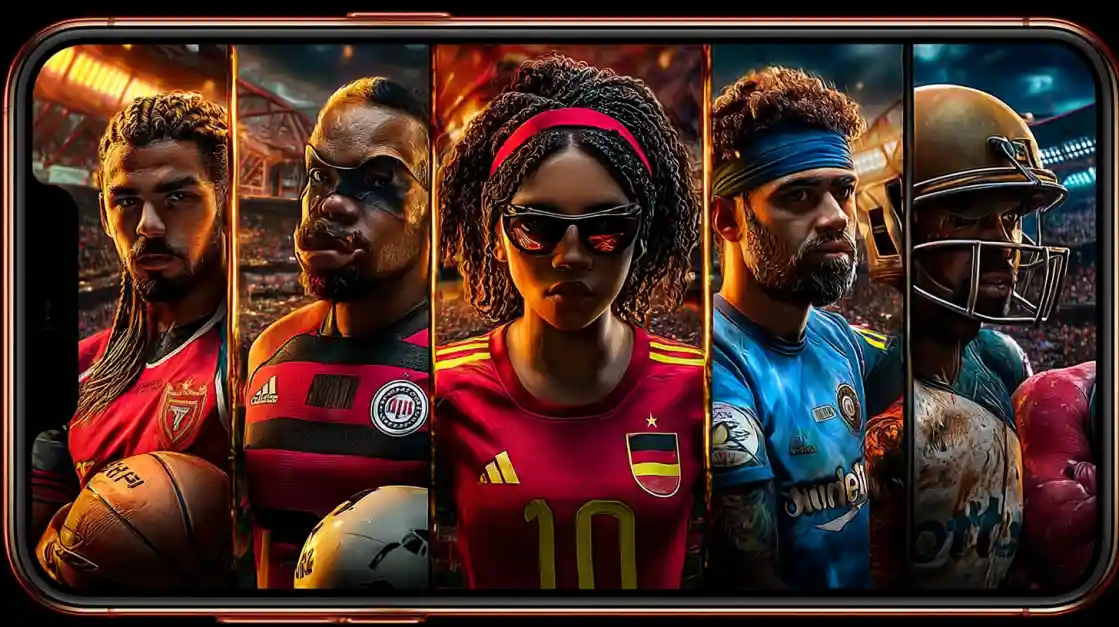 A smartphone screen displays a powerful collage of diverse male and female athletes from various sports, including football and soccer, representing the comprehensive sports betting options at ck77.