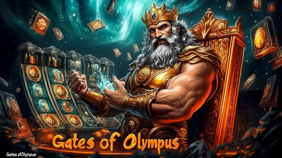 A majestic Zeus figure on a golden throne, surrounded by floating cards and a ck77 slot machine, with Gates of Olympus prominently displayed, inviting players to a mythical gaming experience.