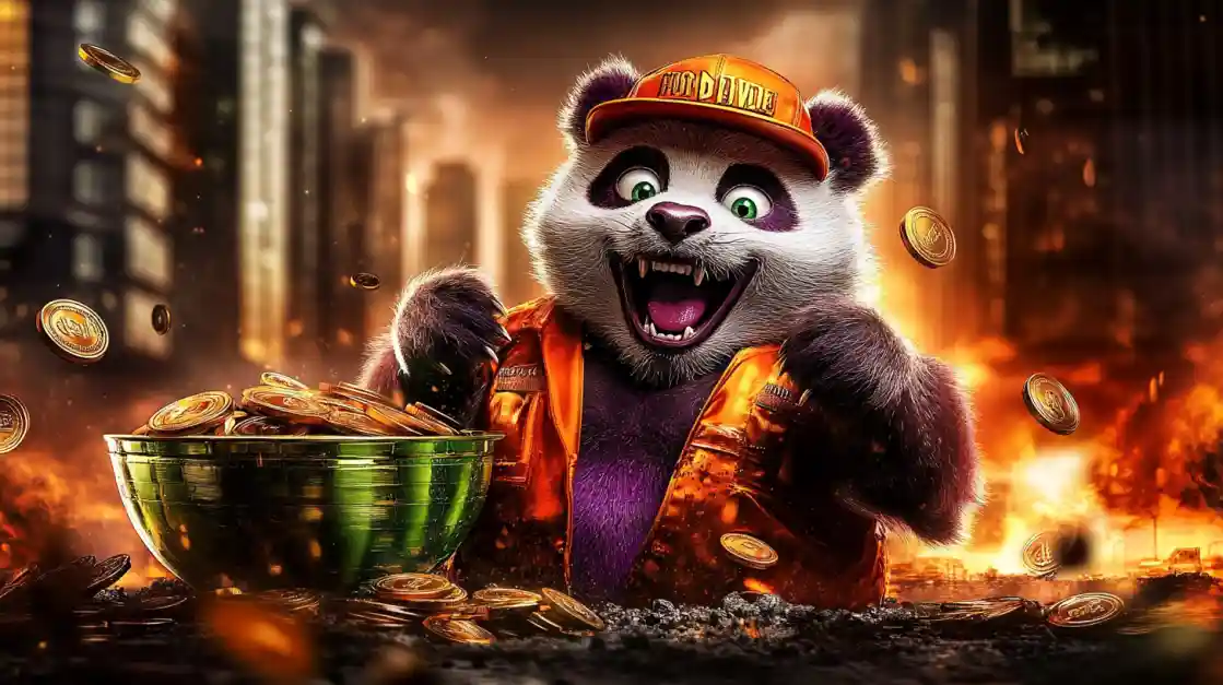 A cheerful panda character wearing an orange cap and jacket, surrounded by golden coins and a bowl of money, symbolizing wealth and good fortune with ck77.