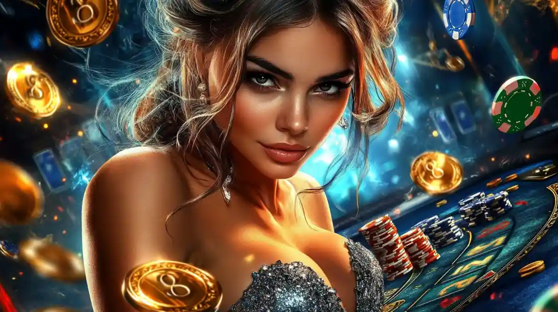 A beautiful woman in a glittering dress gives a captivating look while at a ck77 casino table, surrounded by floating gold coins, casino chips, and a roulette wheel.