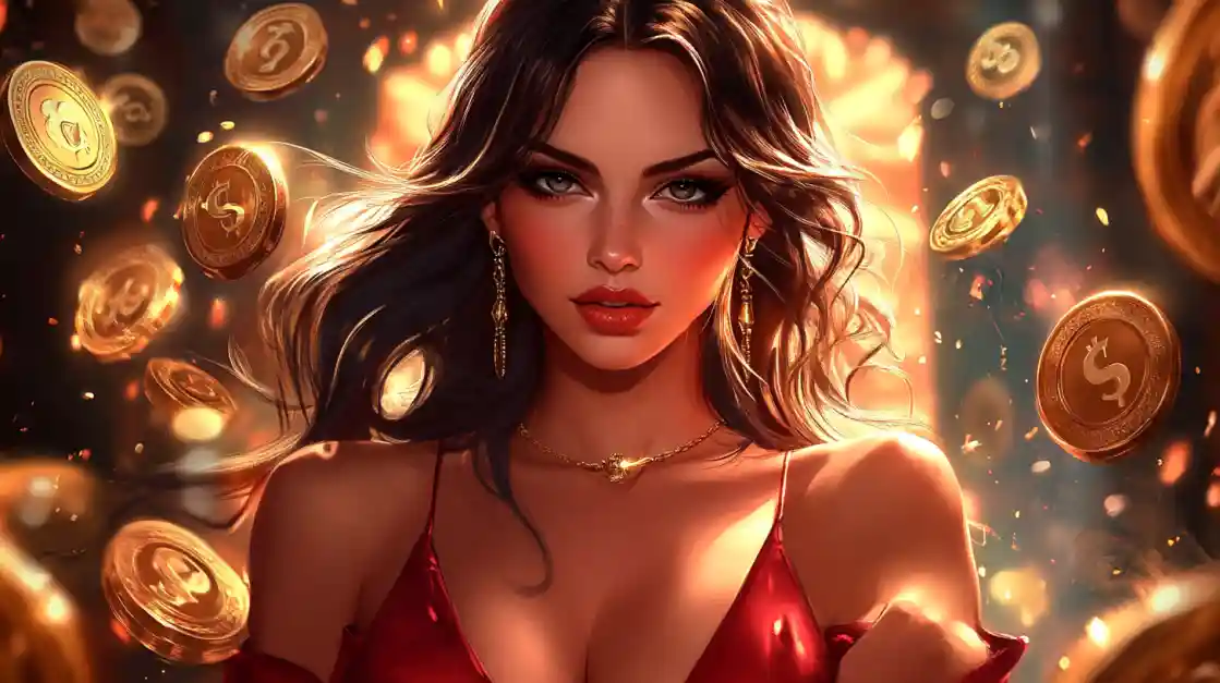 A stunning woman in a red dress, adorned with delicate jewelry, looks directly at the viewer as a shower of golden ck77 coins rains down around her, symbolizing big wins.