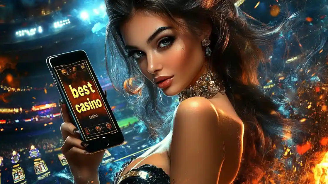 An alluring woman holds a smartphone with the best casino app from ck77 glowing on the screen, set against the backdrop of a brightly lit stadium and ambient flames.