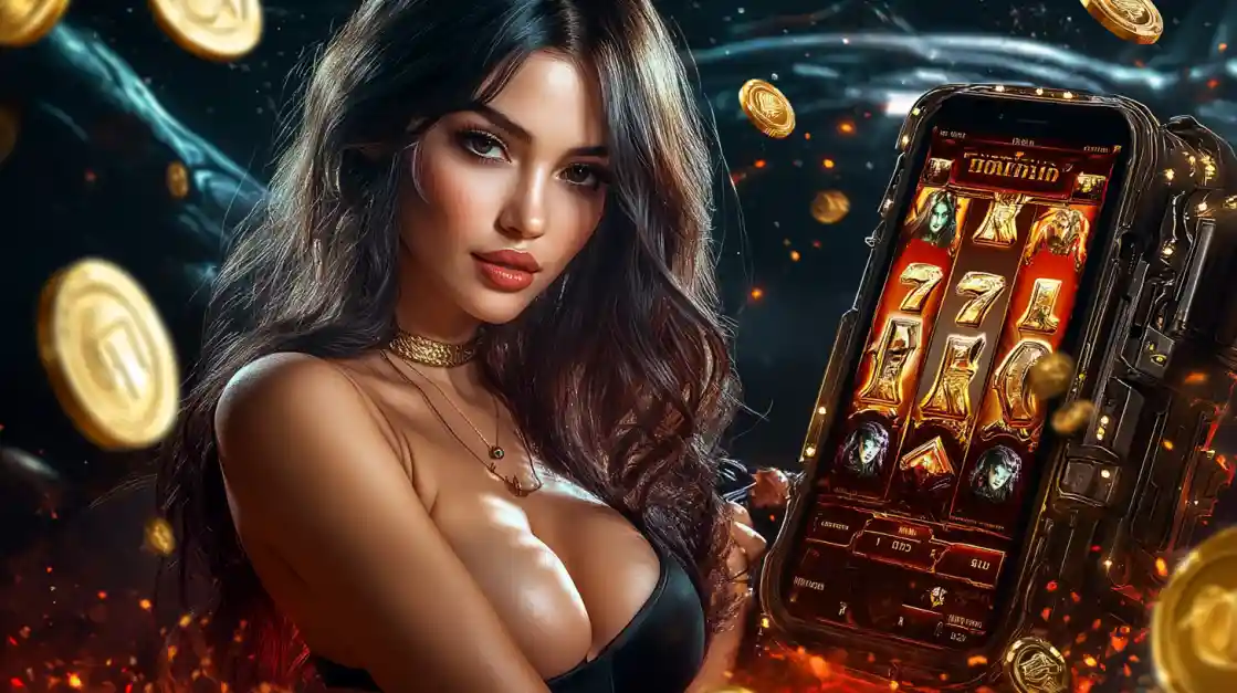 A beautiful woman in a black top looks confidently at the viewer while holding a smartphone displaying a ck77 mobile slot game with 777 symbols and golden coins.